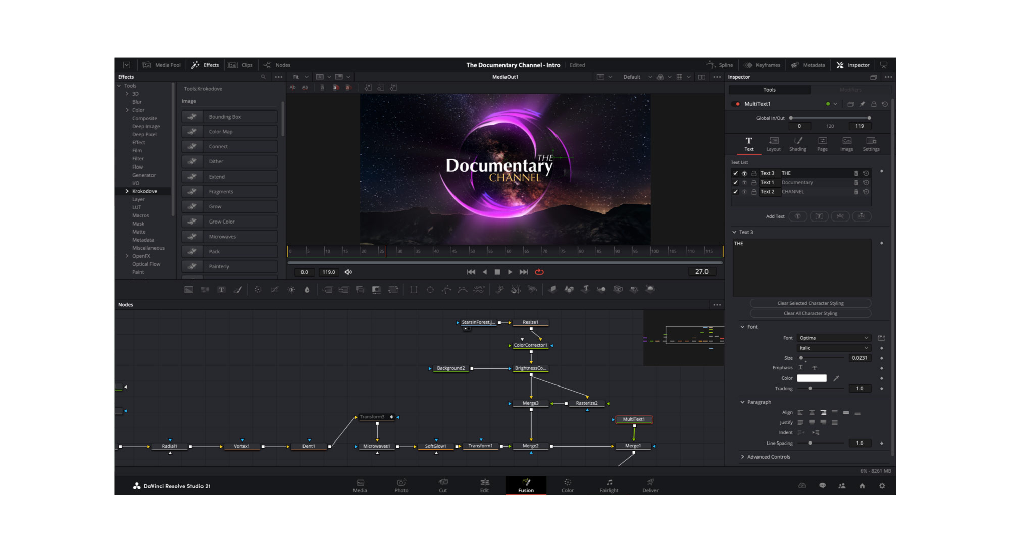 DaVinci Resolve 21.1 Fusion page showing Krokodove graphics tools and a node workflow. Image courtesy of Blackmagic Design.