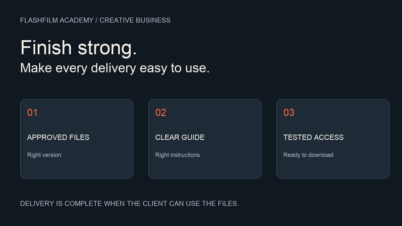 Original FlashFilm Academy diagram showing three delivery checks: approved files, a clear guide, and tested download access.